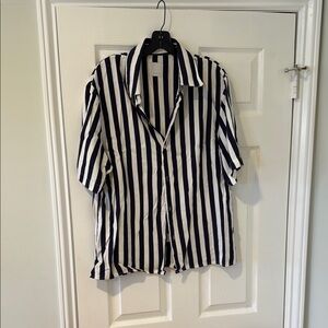 Navy and White Striped Button-Up Shirt